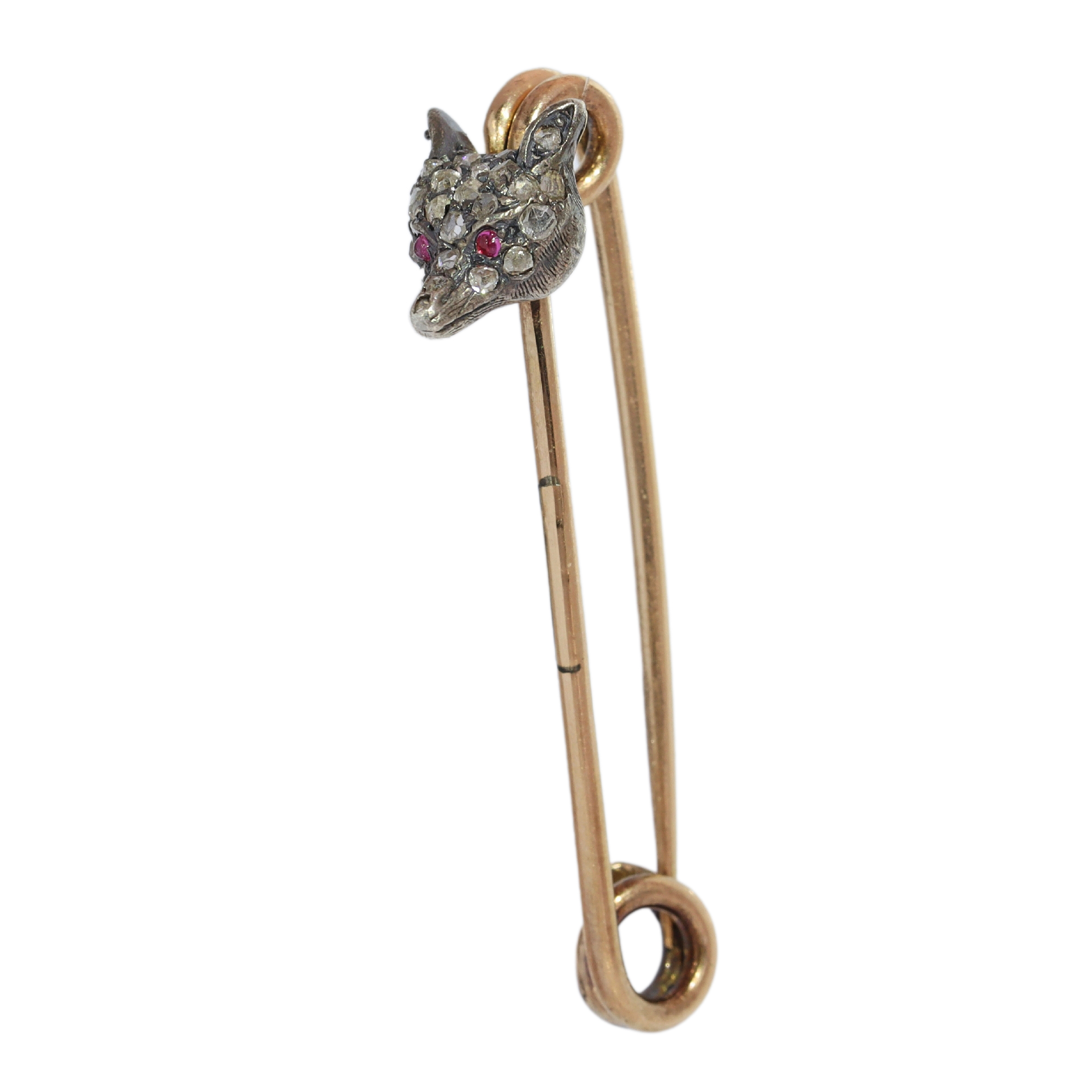 Victorian fox head stickpin in 14K red gold, silver mask and rose cut diamonds